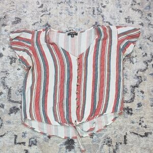 Style Envy Striped Button Front Tie Crop Top Linen Blend Boho M